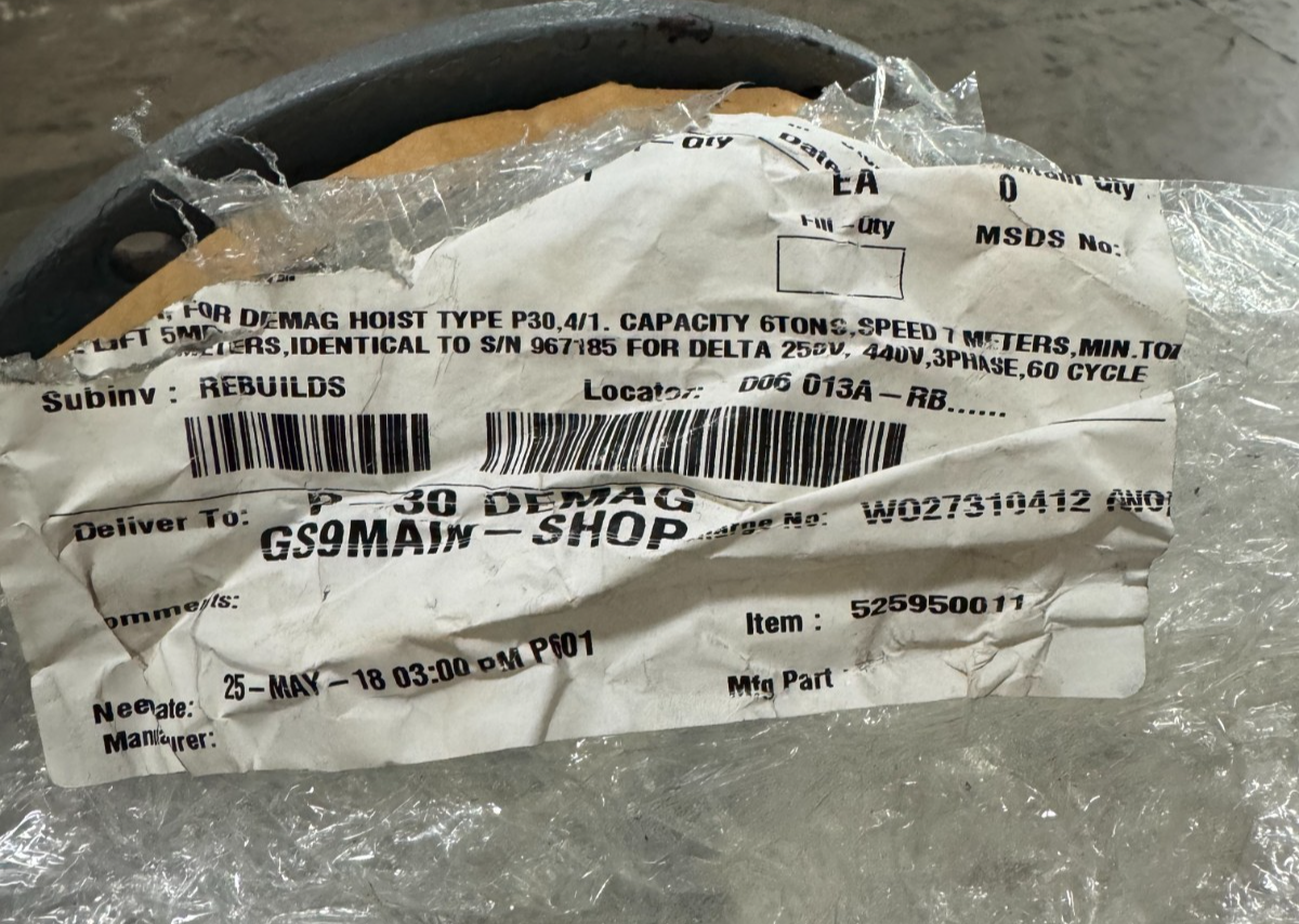 DEMAG CRANE MOTOR FOR DEMAG P30,4/1. 6 TONS SPEED W1 250/440V 3 PH 60HZ 9.1 A