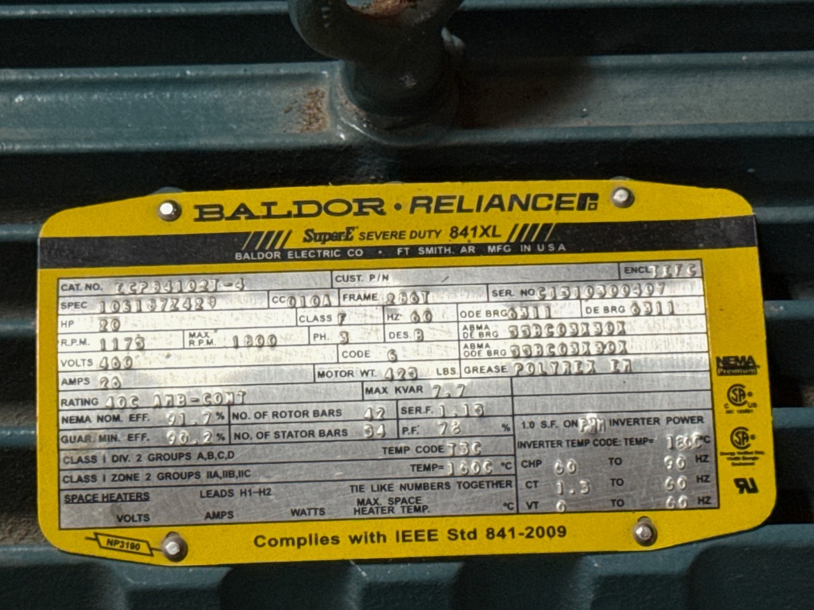 Used BALDOR SUPER E SEVERE DUTY 841XL MOTOR 20 HP MODEL ECP84102T-4 2YBC 1100-1800 RP
