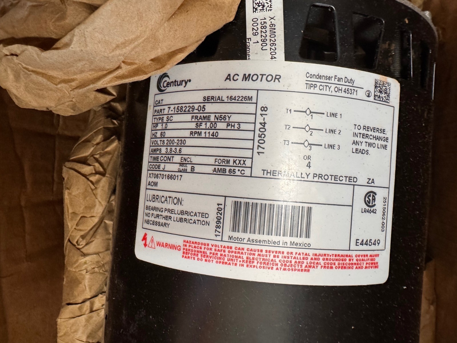 AO SMITH Motor 1 HP MODEL MOT021826 ZL7 1140 RPM 460 V 3.8/3.6 AMP 3 PH FRAME
