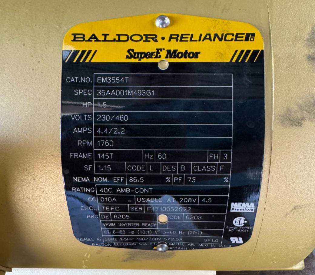 BALDOR SUPER E MOTOR VV2 11/2 HP MODEL EM3554T 1760 RPM 230/460 V 3 PH 4.4/2.2