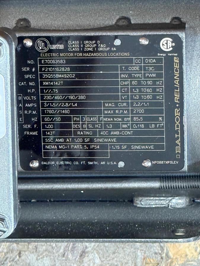 BALDOR  EXPLOSION PROOF MOTOR 1 / 3/4 HP MODEL XM14142T ZK5 ZT5 1760/1475 RPM