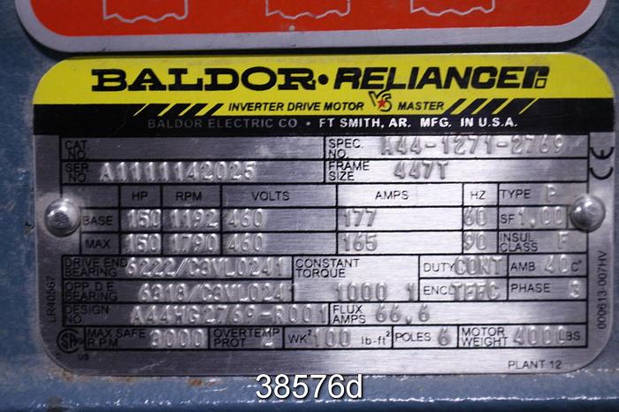Unused Baldor Ac Motor, 150 Hp, 1192 Rpm, 460 Volt #38576