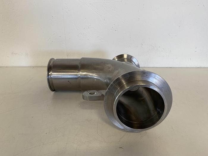 Used Stainless Steel 4-way Elbow w/ 4" & 1 1/2" Sanitary Fitting to 3" & 4 1/2" OD