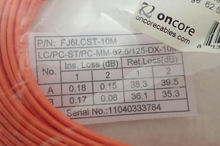 Used (2) oncore FJ6LCST-10M LC-ST 10m 62.5/125 Duplex Multimode Fiber Patch Cables