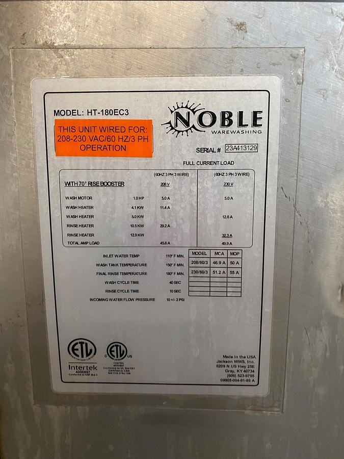 Used NOBEL WW HT-180EC3 Single Cycle High Temperature Dishwasher - 495HT180EC3