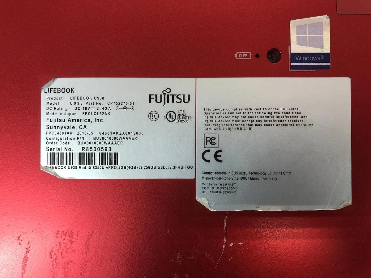 Used Fujitsu Lifebook U938 13.3” i5-8350U, 8GB/256GB, Touch Screen, Power adapter