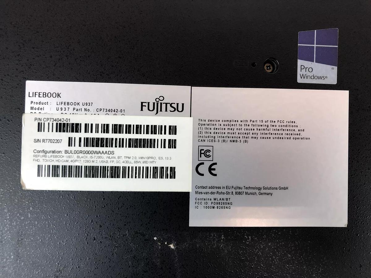 Used Fujitsu Lifebook U937 13.3” i5-7300U, 8GB/256GB, Touch Screen, Power adapter