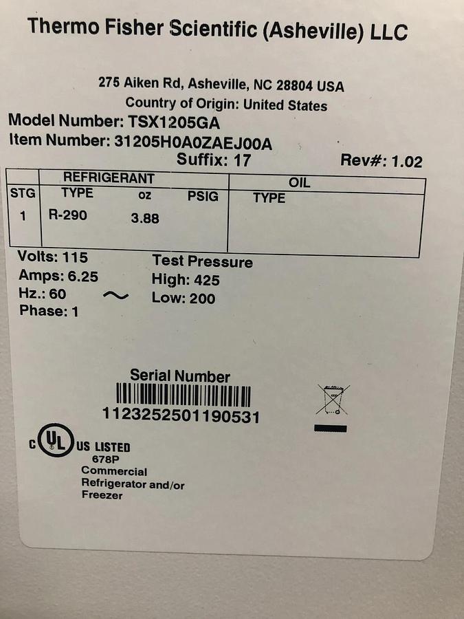 Used Thermo Fisher Scientific TSX1205GA TSX series 1 door Lab chiller