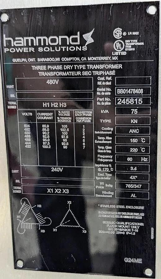 Used Hammond Power Solutions Three Phase 480v Transformer | 75 kVA| | Never Used