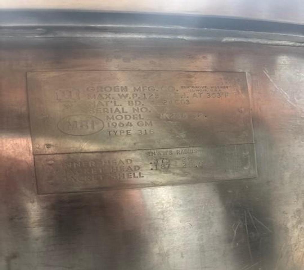 Used Groen N250 SP Jacketed Stainless Steel Kettle W/ Agitator