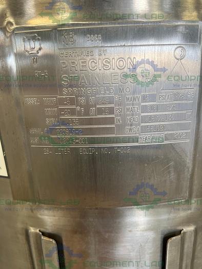 Used Precision Stainless  284 Liter 316 Stainless Steel  Pressure Vessel 15 PSI @ 248F