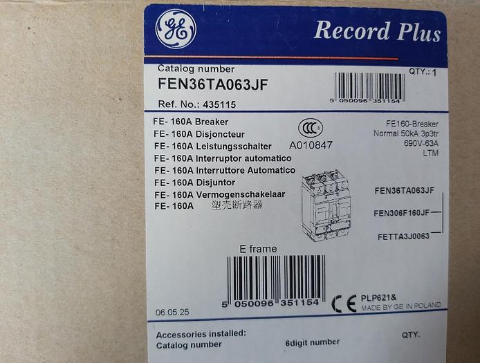 Disjoncteur Record Plus FE 160, FEN306F160JF, General Electric, neuf