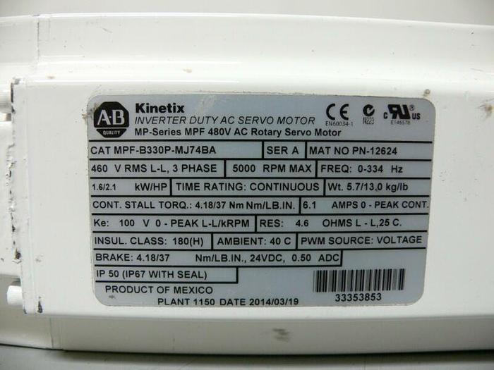 Used Allen Bradley MPF-B330P-MJ74BA Kinetix Brushless AC Servo Motor 460V 5000 Rpm