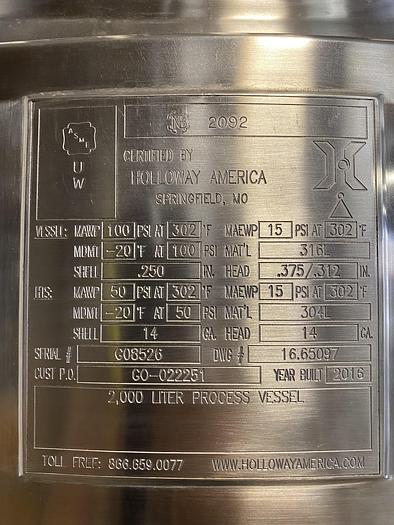 Used Holloway  2000 Liter Stainless Steel 100 PSI Jacketed Process Vessel w/ Agitator