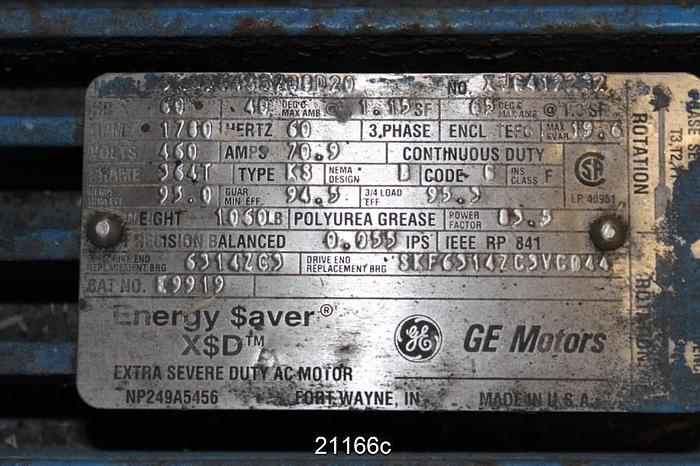 Used General Electric 5KS364SS208D20 Motor, 60 Hp, 1780 Rpm, 460 Volt, 364T Frame, 1.0 S.F., Tefc Enclosure #21166