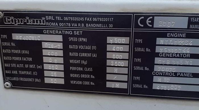 Used 2007 Generator CIPRIANI SE 400 WIC - CUMMINS