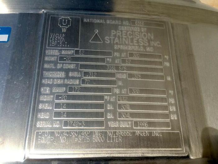 Used Precision 5000 Liter Stainless Steel Jacketed Reactor @ 52 PSI  Mixer w/o Motor