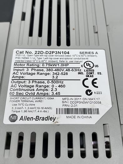 Used Allen-Bradley 22D-D2P3N104 Ser A