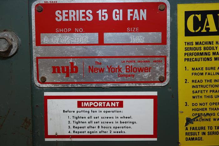 Used New York Blower Series 15 GI Fan Size 144 #44202