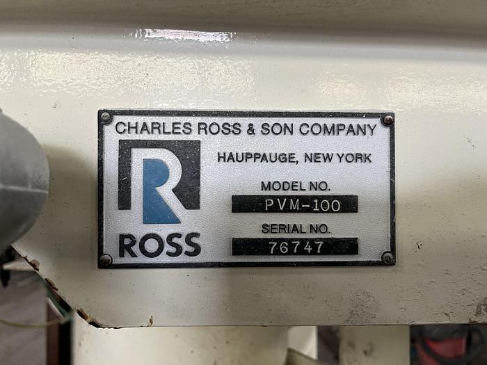 Used 100 GALLON ROSS TRIPLE MOTION MIXER - MODEL PVM-100 - S/S - VACUUM - 2 MIX CANS - WITH DISCHARGE RAM
