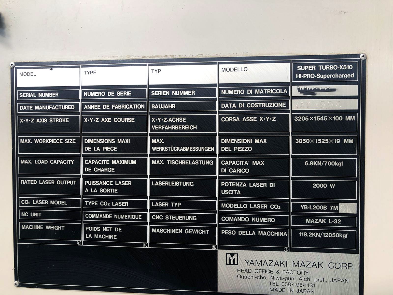 Used Mazak Super Turbo X 510 - Laser Cutting - 1996