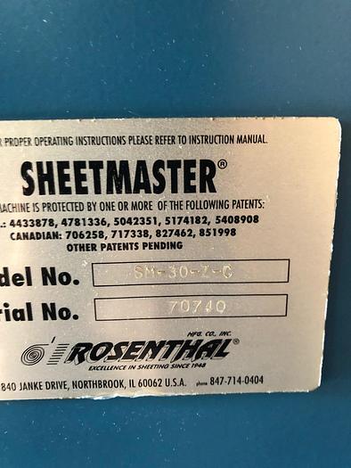 Used 30" ROSENTHAL SHEETMASTER W/ CONVEYOR MODEL SM-30-ZC MFG. 2012