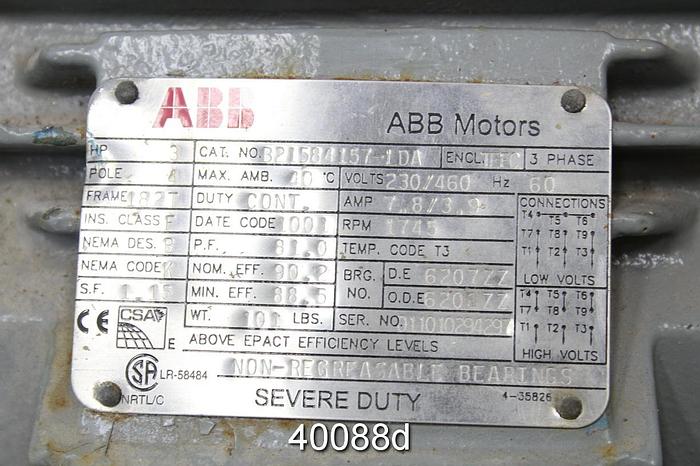 Used ABB B21584157-LDA A/C Motor, 3Hp, 1745 RPM,  230/460 Volts #40088