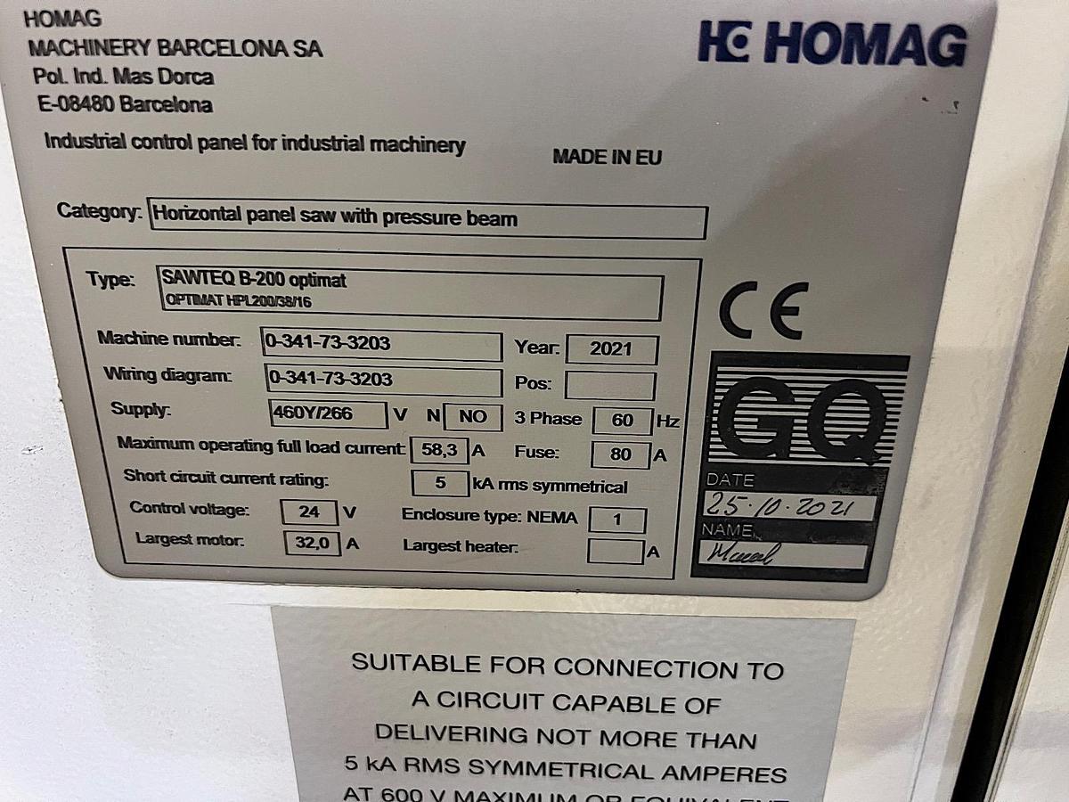 Used 2021 Homag SAWTEQ B-200 HPL200/38/16 Rear Load Automatic Panel Saw