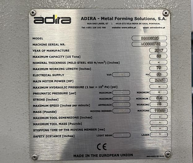 Used 2018 Adira Electric 6' 7" x 56 Ton Press Brake BB