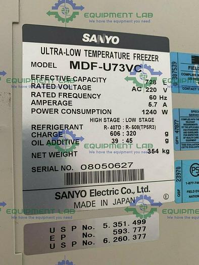 Used Sanyo VIP Series MDF-U73VC -86 ºC Ultra Low Laboratory Freezer 220V 26 Cubic FT