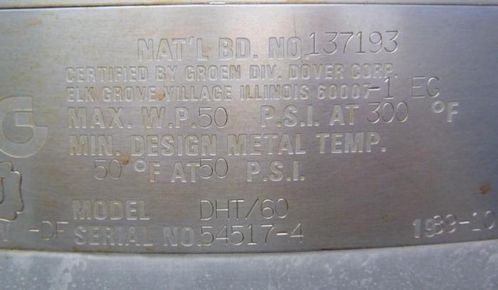 Used Kettle, 60 Gallon, S/st, Jkt, Groen/Dover, 50 PSI, Tilt #S743649