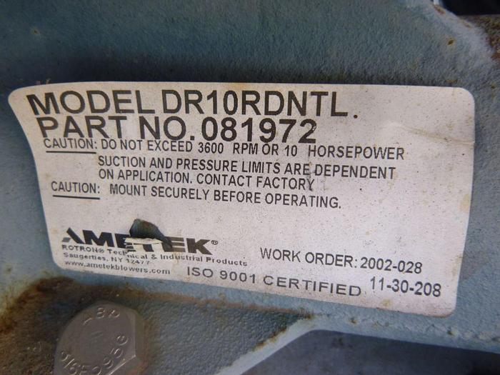 Used Blower, 20 HP, Regenerative Blower, Rotron, Mdl DR10RDNTL #S744405