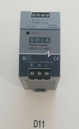 Used *PREOWNED* SOLA SDP 3-15-100T Power Supply 115/230VAC 1.1/0.7A 15VDC 3.4A