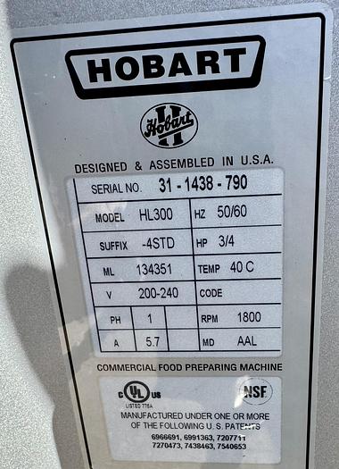 Used Hobart Legacy HL300 200V 1 phase mixer comes with a stainless steel bowl and three attachments