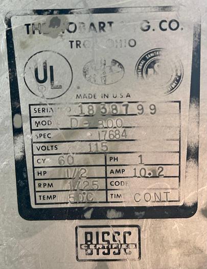 Refurbished Hobart D300t 30 quart mixer 115V comes with a stainless steel bowl and three attachments