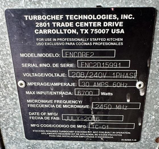 Used Turbochef 2016 Oven Encore 2 Rapid Bake Fast Cook NSF Convection Oven