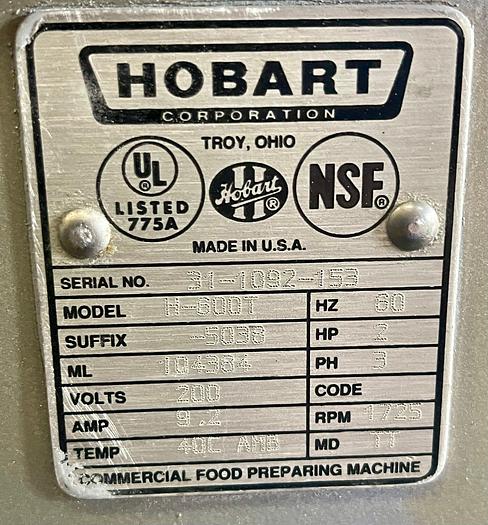 Used Hobart H600T 60 quart 3 phase 2 HP auto lift Bowlguard mixer