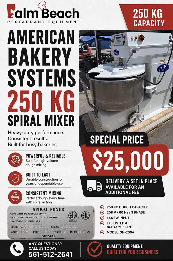 Refurbished American Bakery Systems 250 KG Spiral Mixer SM-200A
