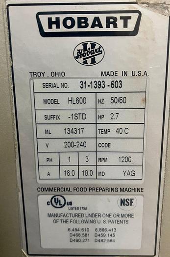 Used Hobart HL600-1STD Legacy+ 60 qt Planetary Mixer - Floor Model, 2 7/10 hp, 200-240v/3ph