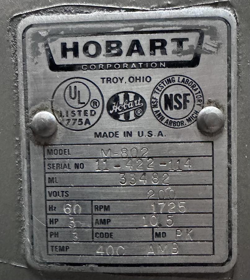 Refurbished Hobart M802 comes With Stainless Bowl, Dolly and one Attachment.
