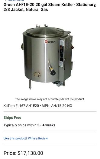 Used Groen AH/1E-20 MFG 2013 20 gal Steam Kettle - Stationary, 2/3 Jacket, Natural Gas