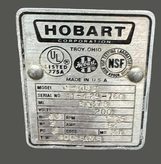 Refurbished Hobart H600T single phase 2 horsepower auto-lift 60 quart mixer comes with a stainless steel bowl and one attachment