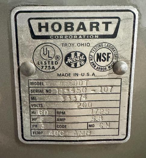 Refurbished Hobart H600T 3 phase 2HP 60 Qt mixer CW stainless steel bowl & 1 attachment