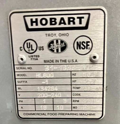 Used Hobart Legacy HL600 60qt Dough Mixer Comes W SS Bowl & Attachment