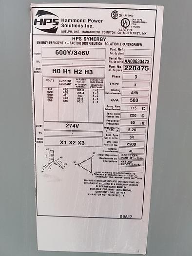 Used 2015 Hammond Power Solutions 500 kVA Transformer for Microgrid Equipment