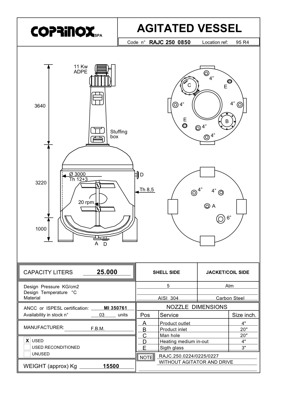 Usato Reattore F.B.M. da 25000 Litri