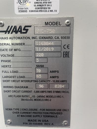 Used 2019 HAAS UMC-750 5-Axis CNC Vertical Machining Center *** Low Hours***