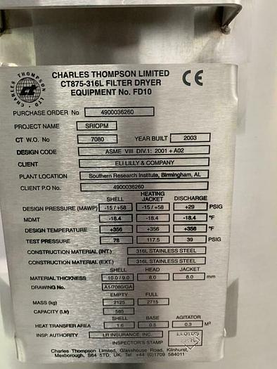 Used Charles Thompson 585 Liter Nutsche Agitated Filter Dryer w/ Spares 0.58 m3