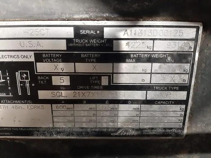 Used 2013 Linde H25CT – 5000 lb. Propane Forklift