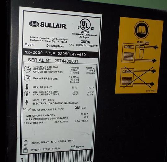 Used 2006 SULLAIR  SR-2000, Refrigerated air dryer – needs repair